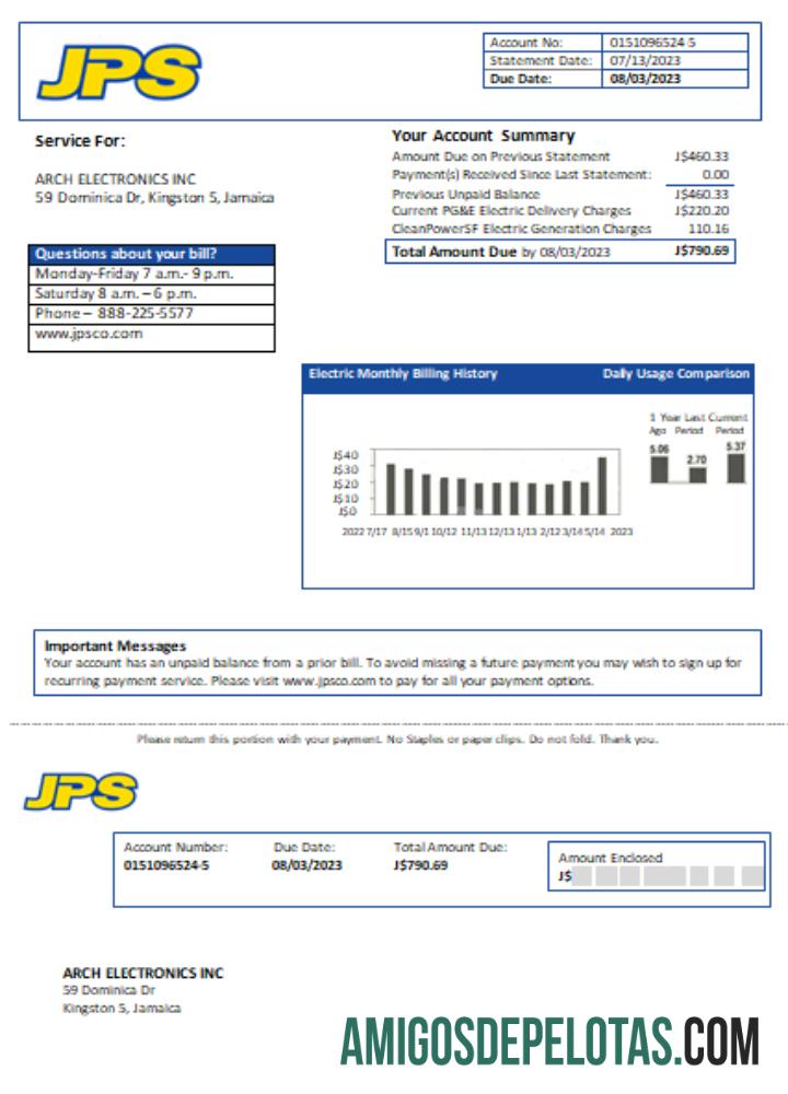 Projeto de lei de serviços públicos de eletricidade da Jamaica Public Service Co Ltd (JPS), SCR amostra